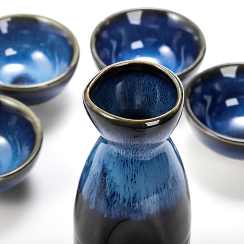 Image of Goaste 5 Pieces Ceramic Sake Set, Kiln-Change Japanese Style Sake Cups, Traditional Pottery Sake Tumbler Set with 1 Carafe and 4 Cups in Dark Blue for Hot or Iced Sake, Dishwasher Safe