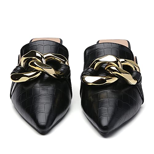 Tilocow Metal Chain Decor Mules Heels for Women, Pointed Closed Toe Sandals, Women Chunky Stacked Heel Mules, Comfortable Slip-On Sandals2