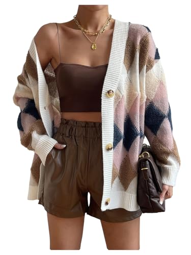 SOLY HUX Women's Argyle Cardigan Plaid Button Down V Neck Long Sleeve Casual Cardigans Sweater