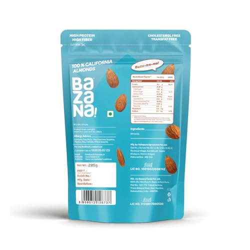 Image of Bazana Premium Californian Almonds /Badam, 200g | Rich in Protein, Fiber & Vitamin E | Healthy Nuts & Dry Fruits Snack for Daily Nutrition