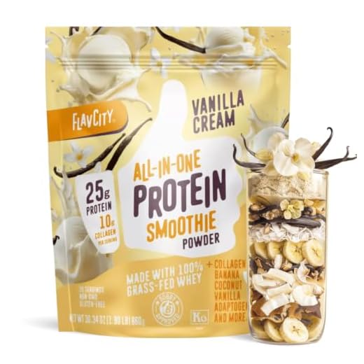 FlavCity Vanilla All in One Protein Shake Powder - On the Go Meal Alternative + Collagen Peptides, Reishi & Cordyceps - Focus, Skin, Hair & Joint Support - 100% Grass Fed Whey, 20 Servings