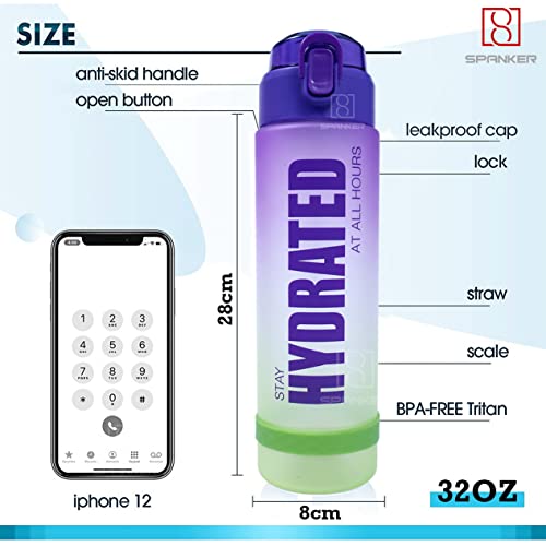 Image of Spanker Hyderated Motivational Leakproof Water 32 Oz (900 ML), Time Marker, BPA Free Fitness Sports Water Bottle, (Green Purple) SSTP