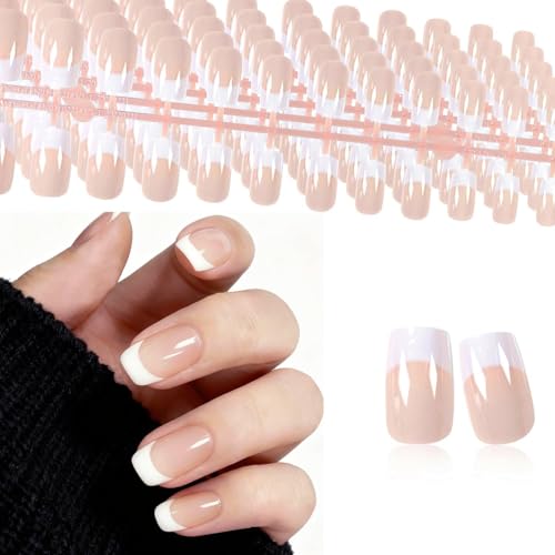 120pcs 5 Set White French Tip Press on Nails Medium Square Fake Nails Nude False Nails, IKISKT French Press ons Square Nail Acrylic Artificial Nail with Adhesive Tab for Women Girls