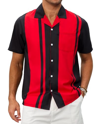 Bowling Shirts for Men Short Sleeve Hawaiian Button Down Shirts 1950s Vintage Beach Casual Shirt with Pocket2