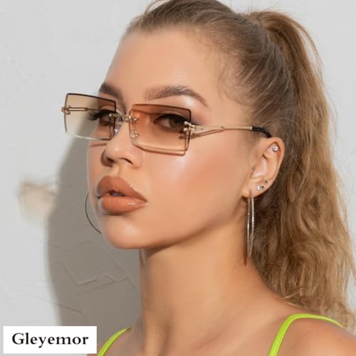 Gleyemor Rimless Rectangle Sunglasses for Women Mens Fashion Vintage Frameless Square Glasses with Gradient Lens4
