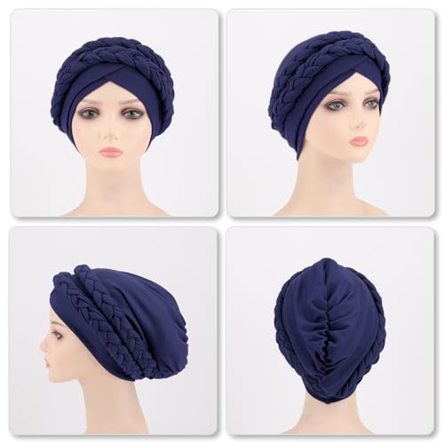 Image of DRESHOW African Women Turban Caps Cotton Beanie Twist Headscarf Pre-Tied Double Twisted Braids Wrap Hat Chemo Cancer Cap
