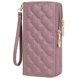 BVEOGMRO Portafoglio da donna con blocco RFID, in pelle, con doppia cerniera, porta carte di credito con cinturino da polso, A03 Rosa Chiaro, 7.6 x 3.9 x 1.5 inches
