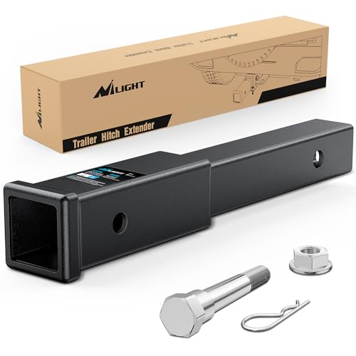 Image of Nilight Trailer Hitch Extender 12 Inch Extension Length Fits for 2 Inch Receiver Tube with 5 /8 Inch Stainless Steel Bolt Flange Nut and Clip 3,500 LBS GTW Matte Black