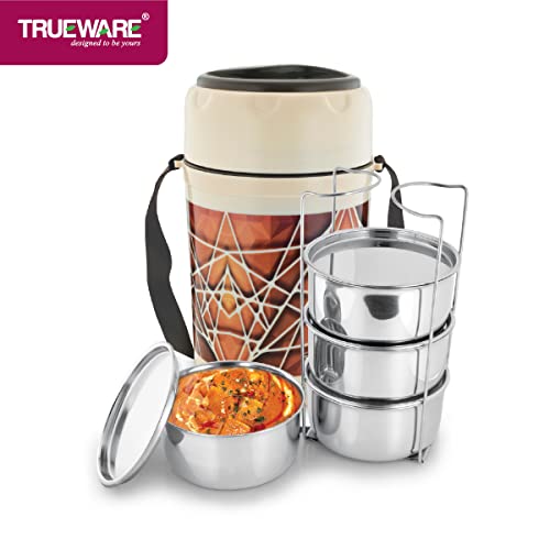 Image of Trueware Trendy 4 Inner Steel Outer Plastic thermoware Lunch Box | 4 Container 300 ML Each-Brown | PU Insulated | Lunch Box | Tiffin | Hot lunch box | Leak Proof | Easy to Carry | Hot & Cold Food Grade| BPA Free | Stainless Steel Dabbi | Office | Outdoors | For Men, Women, and Kids