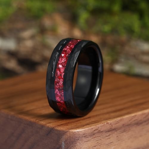 Irroya 8Mm Ruby Black Gold Plated Hammered Tungsten Rings For Men - Gothic Ruby Men'S Tungsten Wedding Bands thumb #5