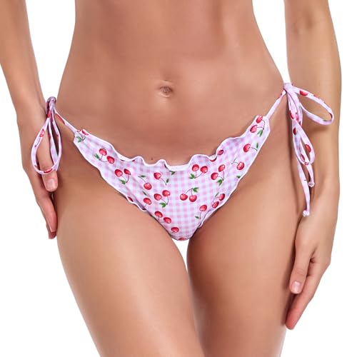 RELLECIGA Braguita Bikini Brasileña Mujer con Lazos Laterales y Volantes Ruffle Cherry L