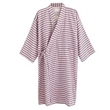 Unisxe Peignoir de Bain Kimono Japonais en Pur Coton Double Femme Homme Chemise de Nuit Lâche Ruban Poncho Plage Piscine Vêtement de Sauna Hydrothérapie Combinaison de Robe,Rose(rayure),L