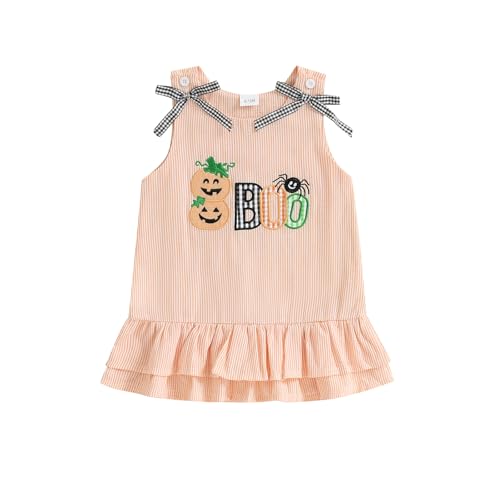 Toddler Baby Girl Halloween Outfit Clothes Pumpkin Boo Overalls Dress Cute Ruffle Sleeveless Dresses (Orange 3-4 Years)