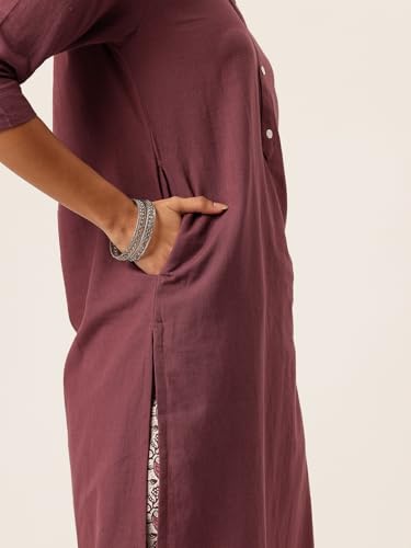 Image of feranoid Women's Plain Cotton Kurta with Mandarin Collar, 3 /4 Sleeves & Pocket