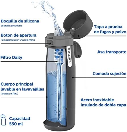 Philips AWP2771GRR - Go Zero Water Filter Bottle, Daily Thermo, Removes Chlorine and Improve Taste, Keeps Water Cold up to 24 Hours, BPA , 550 ml, Black