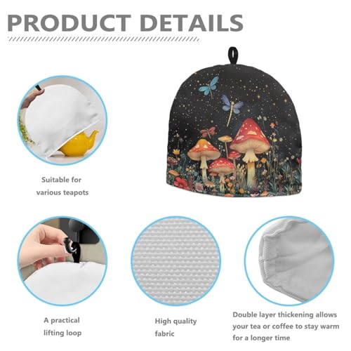 Image of Mushroom Dragonfly Floral Teapot Cozies Keep Warm Insulated Cozy for Teapots Breakfast Warmer Kettle Cover Kitchen Accessories