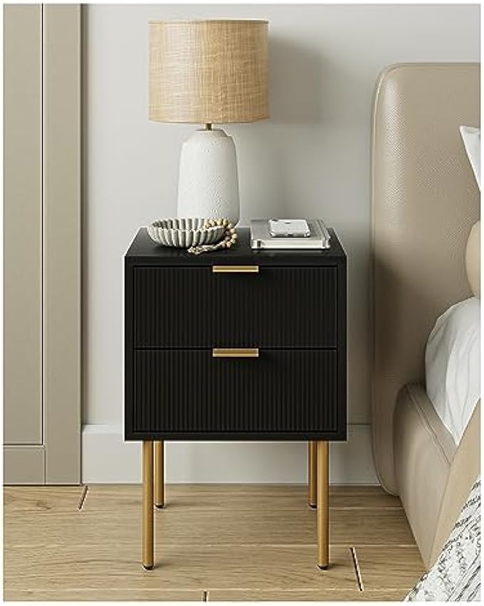 Nightstand,Small Bedside Table with Two Drawers,Black Fluted Night Stand,End Table with Gold Frame,Bedside Furniture,2 Drawer Dresser for Bedroom,Living Room,Diamond