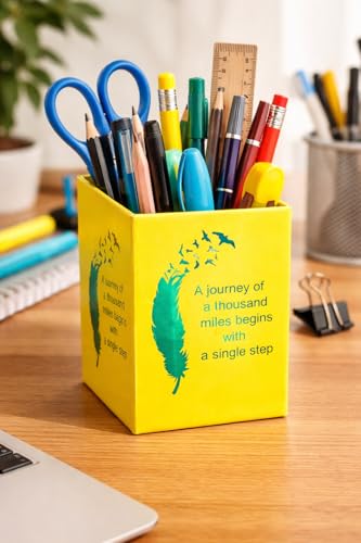Image of Sumiko motivational Pen Stand holder Size: 4 x 2.75 inch | Desk Organizer Pen Pencil Holder for Office and Home Decor (Yellow and green)