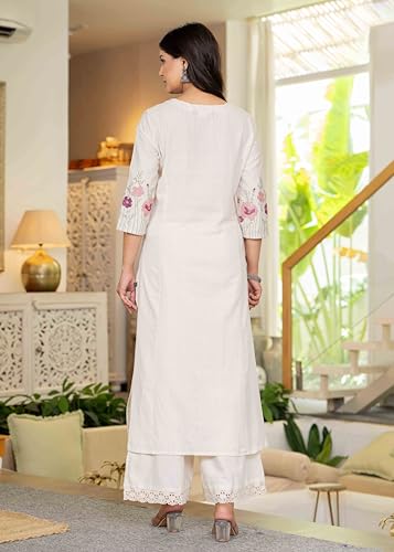 Image of Pistaa's Women Cotton Elegant Off-White Floral Embroidered Sleeves Kurta Palazzo Set