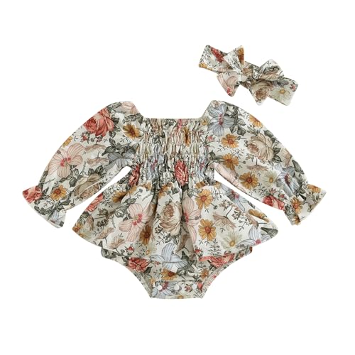 Image of KMBANGI Infant Baby Girl Romper Off Shoulder Long Sleeve Ruffle Floral Jumpsuit Headband Onesie Boho Fall Winter 2PCS Outfits