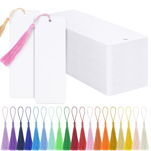 120 Pcs Blank Bookmarks to Decorate with 100 Colorful Tassels Thick 350GSM Cardstock Bookmarks for DIY Crafts Holiday Reading Classroom Projects and Gift Tags 5.5x2 Inch Bulk Set
