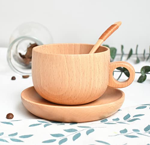 ZNZNANG Holz Kaffee Tasse,250ml Natürliche Holztasse Deko-Becher set ,Instant-Tee-Tasse + Tee-Schale + Löffel Cover