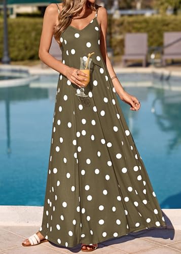 Image of KIRUNDO Womens Polka Dot Spaghetti Strap Flowy Maxi Dress | Sleeveless V Neck Boho Long Dresses, 2026 Summer Beach Vacation Cruise Outfits, A-Line Backless Sundress With Pockets