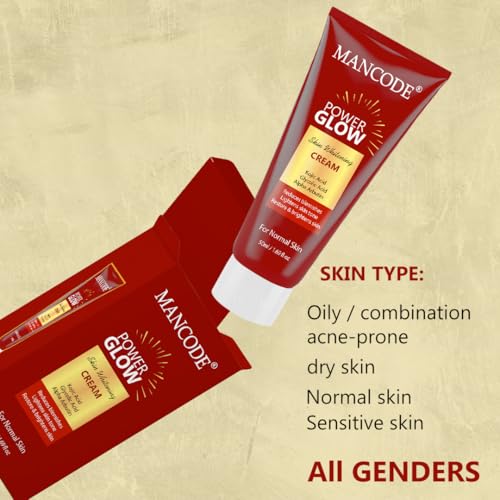 Image of Mancode Power Glow Skin Whitening Cream with Kojic Acid, Glycolic Acid & Alpha Arbutin | Brightening & Hydrating Formula for Men & Women| Reduces Dark Spots & Uneven Skin Tone | 50ml