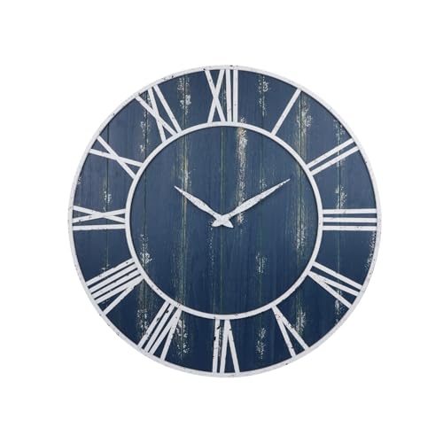 Old Oak Rustic Large Decorative Wall Clock with White Metal Frame & Navy Blue Wood (30-inch)