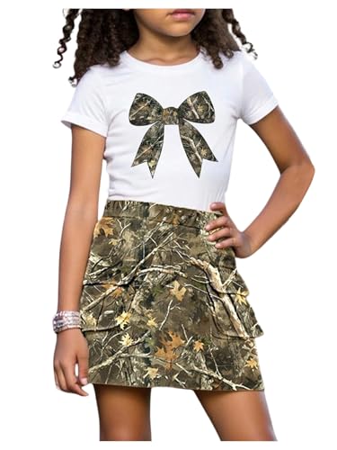 Image of WDIRARA Girl's 2 Piece Outfits Letter Graphic Print Short Sleeve T-Shirt and Camo Print Cargo Skirt Set