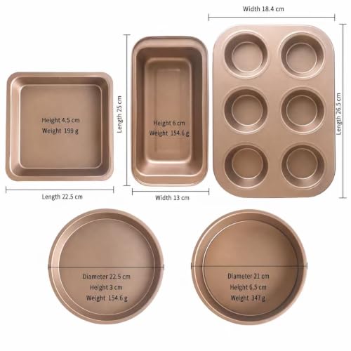 5-Piece Gold Nonstick Carbon Steel Bakeware Set, 8.9-Inch Square Pan, 9-Inch Pizza Pan, 8-Inch Round Cake Pan, 9.8-Inch Loaf Pan and 6-Cup Muffin Pan for Cakes, Bread, Pizza and Cupcakes - Image 2