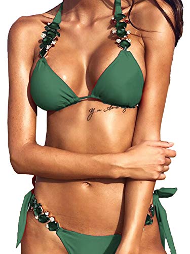 Bikinx Women's Sexy Thong Bikini Crystal Side Bottom Triangle Bikini Halter Swimsuits Green #TOP1