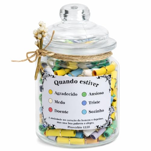 Pote de Mensagens Motivacionais com 176 Frases Inspiradoras e Bíblicas – Presente Cristão Decorativo em Vidro com Laço Rústico – Ideia de Presente Religioso e Emocional