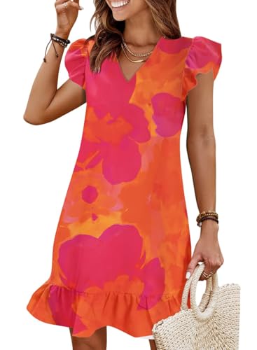 Image of QACOHU Spring Summer Dresses for Women 2026 V Neck Cap Sleeve Ruffle Hem Smock Short Casual Beach Dress