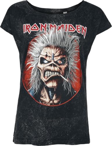 T-Shirt Iron Maiden Smoking Eddie Femme Manches Courtes Coton Régular Noir