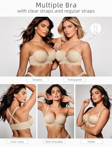 Image of Strapless Push Up Bra Heavily Padded Add Cup Balcony Multiway Bras | Non-slip Sexy Lace Convertible Bras with Clear Straps & Wired Support for Small Breast