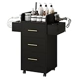 Beauty Salon Station for Hair Stylist, Salon Station Storage Cabinet with Wheels & Black Gold Handle, Rolling Beauty Station with 3 Drawers & 6 Hair Dryer Holders, Black