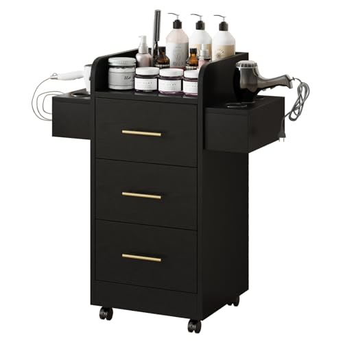 Beauty Salon Station for Hair Stylist, Salon Station Storage Cabinet with Wheels & Black Gold Handle, Rolling Beauty Station with 3 Drawers & 6 Hair Dryer Holders, Black