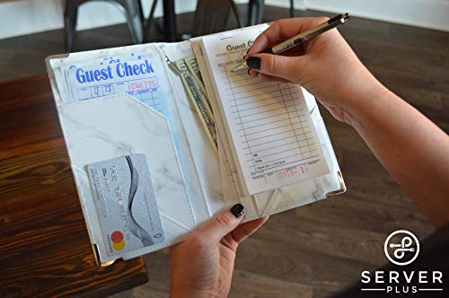 Server Book by Server Plus - Waiter and Waitress Book with Zipper Money Pocket and Pen Holder. Server Wallet with Metal Corners That Holds Order Pads and Fits Apron. 5x8 White Marble Server Book