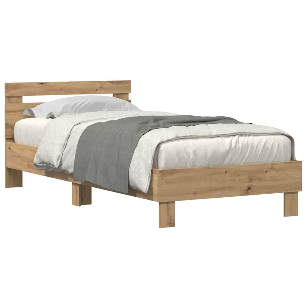 vidaXL Bettrahmen mit LED Artisan-Eiche 90 x 200 cm Holzwerkstoff, Bettmöbel, Holzrahmen, rechteckig, Lattenrost, modernes Design, einfach schick