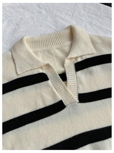 Women's Striped Collar V Neck Sweaters Long Sleeve Retro Knit Pullover Tops Old Money Clothes3