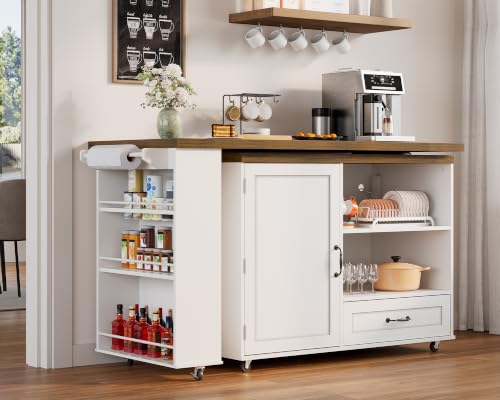 Image of RALGEND Rolling Kitchen Island with 360 Swivel Tabletop, Large Kitchen Island Table with Power Outlet, Mobile Kitchen Island Cart with Storage Cabinets for Kitchen & Office, White and Walnut