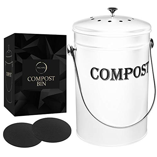 Compost Bin Kitchen 1.8 Gallon Smell Free Charcoal Filter Countertop Compost Bin with Lid - Stainless Steel Rust-Free Composting Bin for Kitchen Counter Compost Bucket Includes a Spare Filter (White)