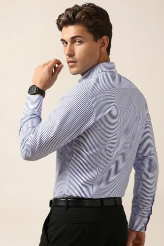 Image of Peter England Men's Regular Fit Full Sleeve Striped Formal Shirt | Cotton Rich | Wonder Fabric | Premium Dobby Weave