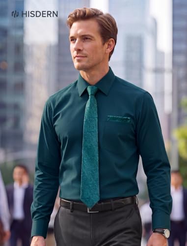 Image of HISDERN Mens Dress Shirt with Tie Pocket Square Set Classic Button Down Shirt Matching Tie Long Sleeve Shirts
