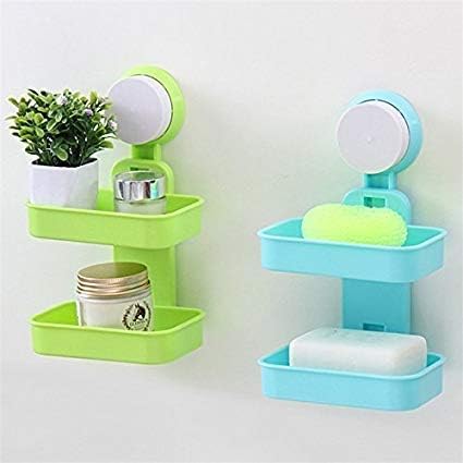 Kthree Trade Double Layer Soap Box Suction Cup Holder Rack Bathroom Shower Soap Dish Hanging Tray Wall Holder Storage Holders (Pack of-02, Green&Blue Color)