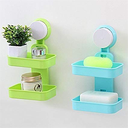 Kthree Trade Double Layer Soap Box Suction Cup Holder Rack Bathroom Shower Soap Dish Hanging Tray Wall Holder Storage Holders (Pack of-02, Green&Blue Color)