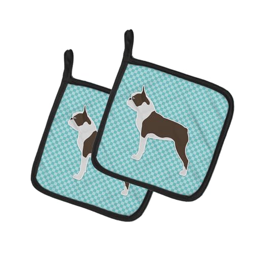 Caroline's Treasures BB3744PTHD Boston Terrier Checkerboard Blue Pair of Pot Holders Kitchen Heat Resistant Pot Holders Sets Oven Hot Pads for Cooking Baking BBQ, 7 1/2 x 7 1/2