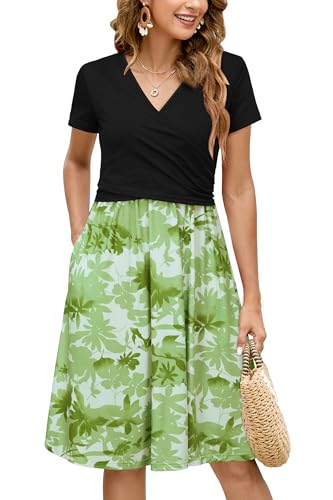 Image of OUGES Maternity Nursing Dress Breastfeeding Short Sleeve V Neck Casual Pregnancy Clothes with Pockets