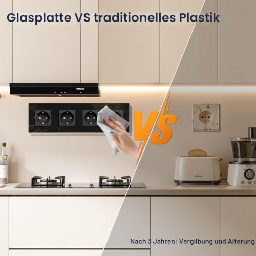 BSEED Schuko Steckdose 4 Fach Kristall Glas Platte Steckdose 16Amp Unterputzsteckdose 299mm Schwarz Verlängerungssteckdosen Wandsteckdose – Ansicht 5